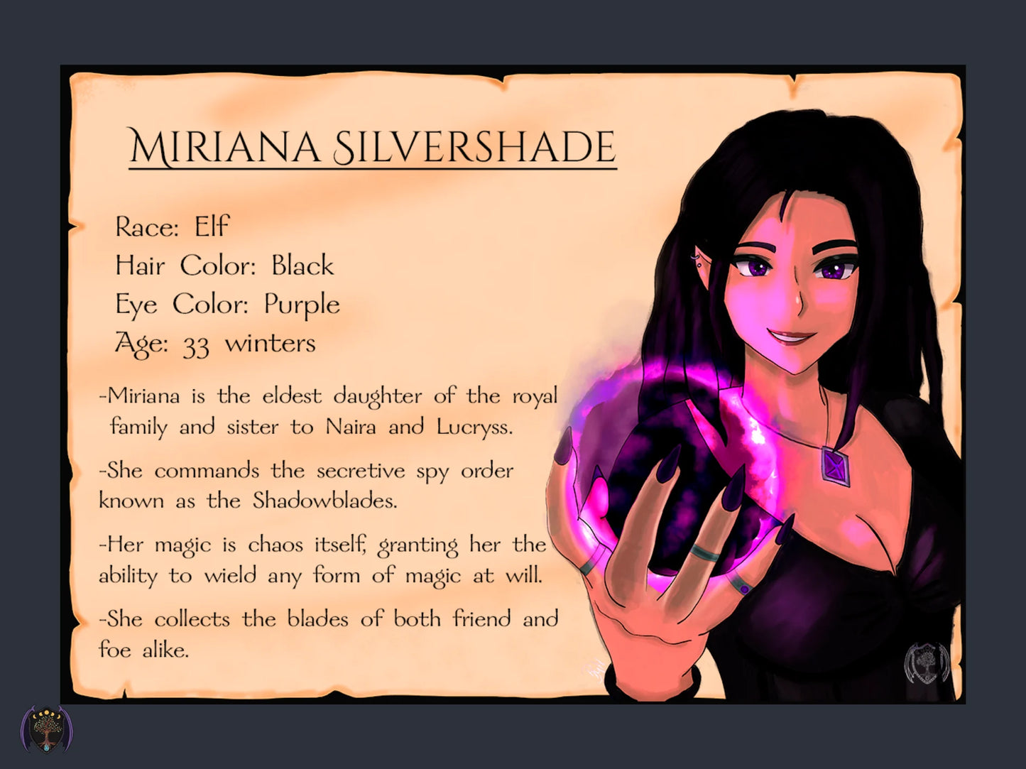 Miriana Silvershade – Character Sheet (A4 & A3)