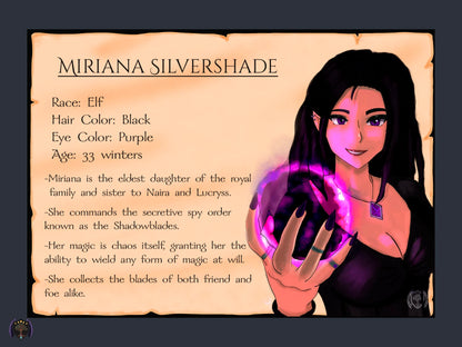 Miriana Silvershade – Character Sheet (A4 & A3)