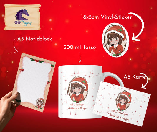 Großes Weihnachts-Geschenkset – Elfe Tasse, Block & Sticker 🎄