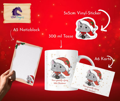 Großes Weihnachts-Geschenkset – Katze Tasse, Block & Sticker 🎄