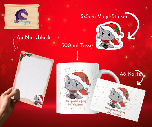 Großes Weihnachts-Geschenkset – Katze Tasse, Block & Sticker 🎄
