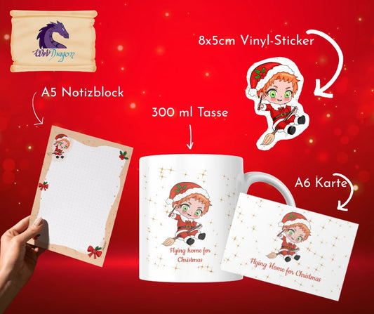 Großes Weihnachts-Geschenkset – Magier Tasse, Block & Sticker 🎄