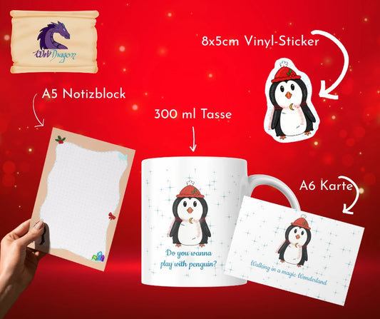 Großes Weihnachts-Geschenkset – Pinguin Tasse, Block & Sticker 🎄