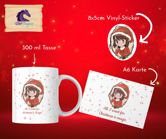 Weihnachtsgeschenk Set Tasse – Elfe mit Karte & Sticker