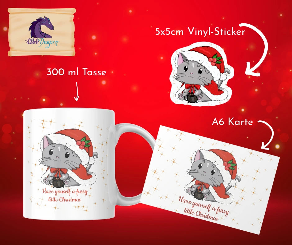 Weihnachtsgeschenk-Set Tasse – Katze mit Karte & Sticker 🎄