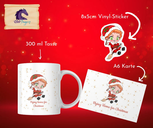 Weihnachtsgeschenk Set Tasse – Magier mit Karte & Sticker