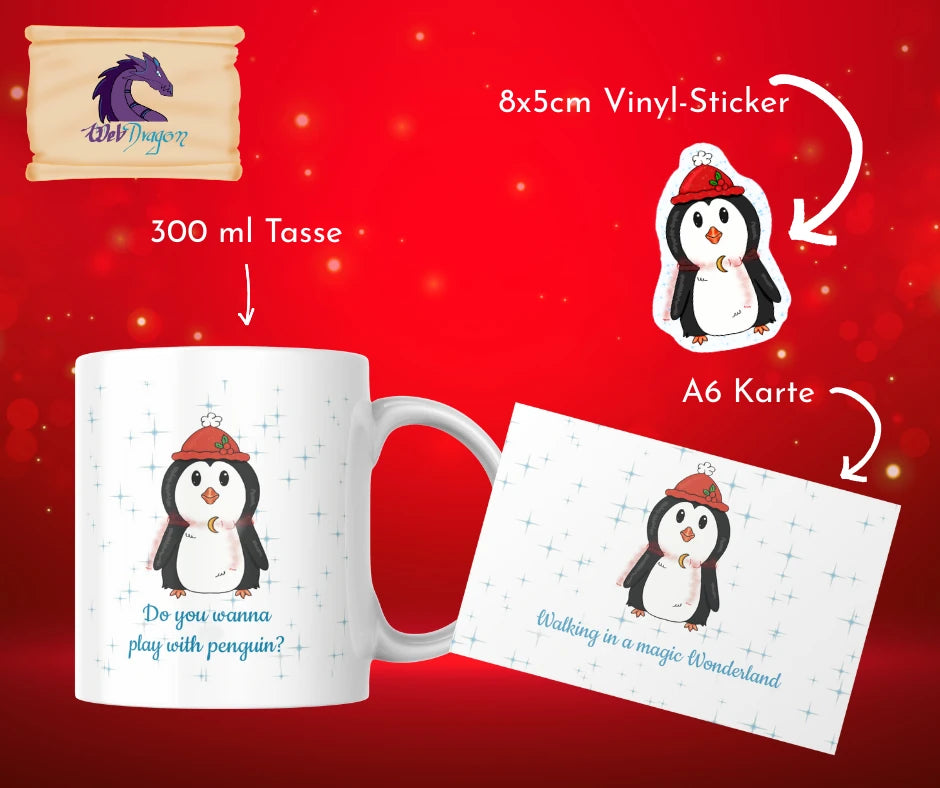Weihnachtsgeschenk Set Tasse – Pinguin mit Karte & Sticker 🎄