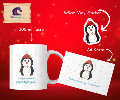 Weihnachtsgeschenk Set Tasse – Pinguin mit Karte & Sticker 🎄