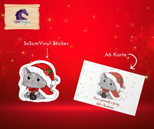 Kleines Weihnachtsgeschenk-Set – Katze Sticker & Postkarte 🎄
